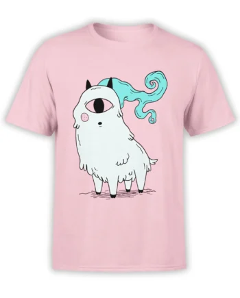pastel pink unisex t-shirt with a cute white cyclops monster and teal ghost tail graphic on the front