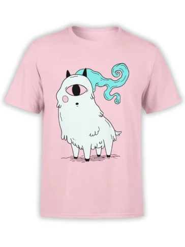 pastel pink unisex t-shirt with a cute white cyclops monster and teal ghost tail graphic on the front