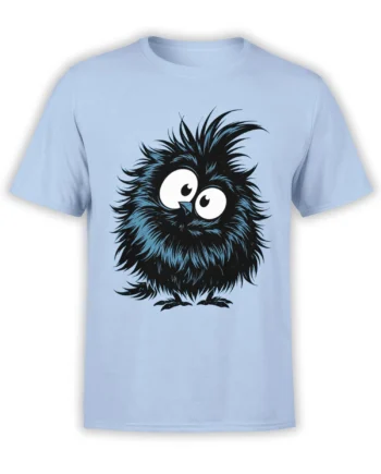 light blue unisex t-shirt with a cute fluffy black cartoon bird graphic with huge eyes centered on the chest