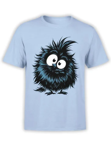 light blue unisex t-shirt with a cute fluffy black cartoon bird graphic with huge eyes centered on the chest
