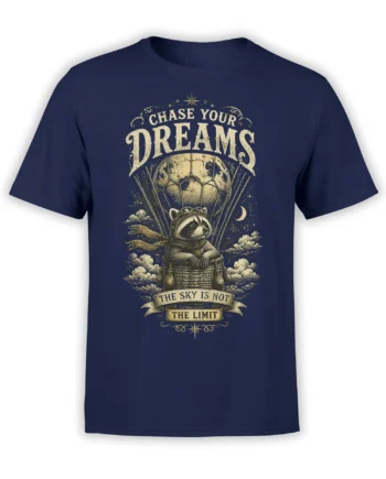 Navy unisex T-shirt with vintage raccoon in a moon hot air balloon and “Chase Your Dreams - The Sky Is Not The Limit” inspirational artwork