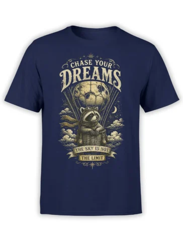 Navy unisex T-shirt with vintage raccoon in a moon hot air balloon and “Chase Your Dreams - The Sky Is Not The Limit” inspirational artwork