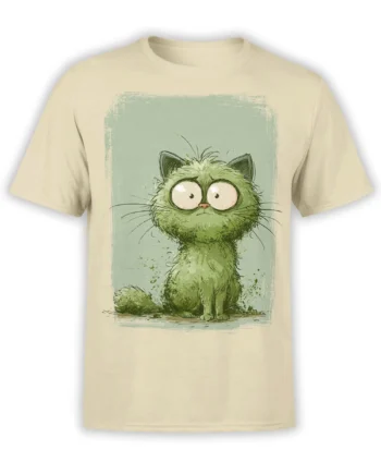 beige unisex t-shirt with a cartoon green fluffy cat with huge eyes sitting inside a mint painted frame