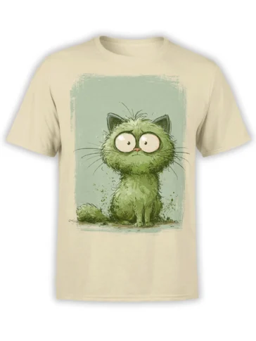 beige unisex t-shirt with a cartoon green fluffy cat with huge eyes sitting inside a mint painted frame