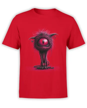 Front view of red unisex T-shirt with a shaggy pink cyclops monster and huge single eye graphic centered on the chest