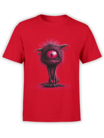 Front view of red unisex T-shirt with a shaggy pink cyclops monster and huge single eye graphic centered on the chest