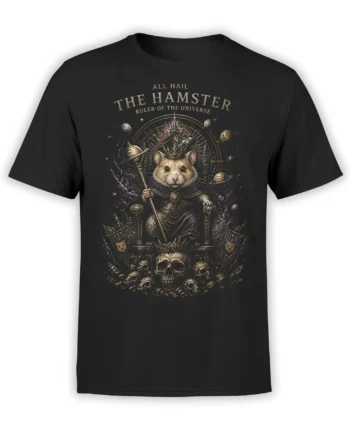 Black unisex T-shirt with a detailed fantasy design of a crowned hamster emperor on a skull throne surrounded by planets