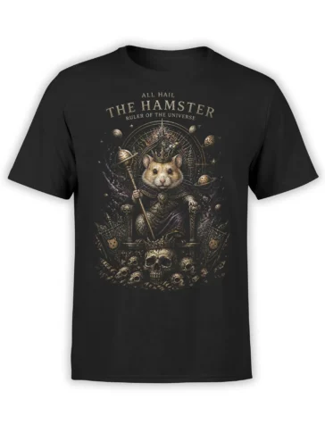 Black unisex T-shirt with a detailed fantasy design of a crowned hamster emperor on a skull throne surrounded by planets