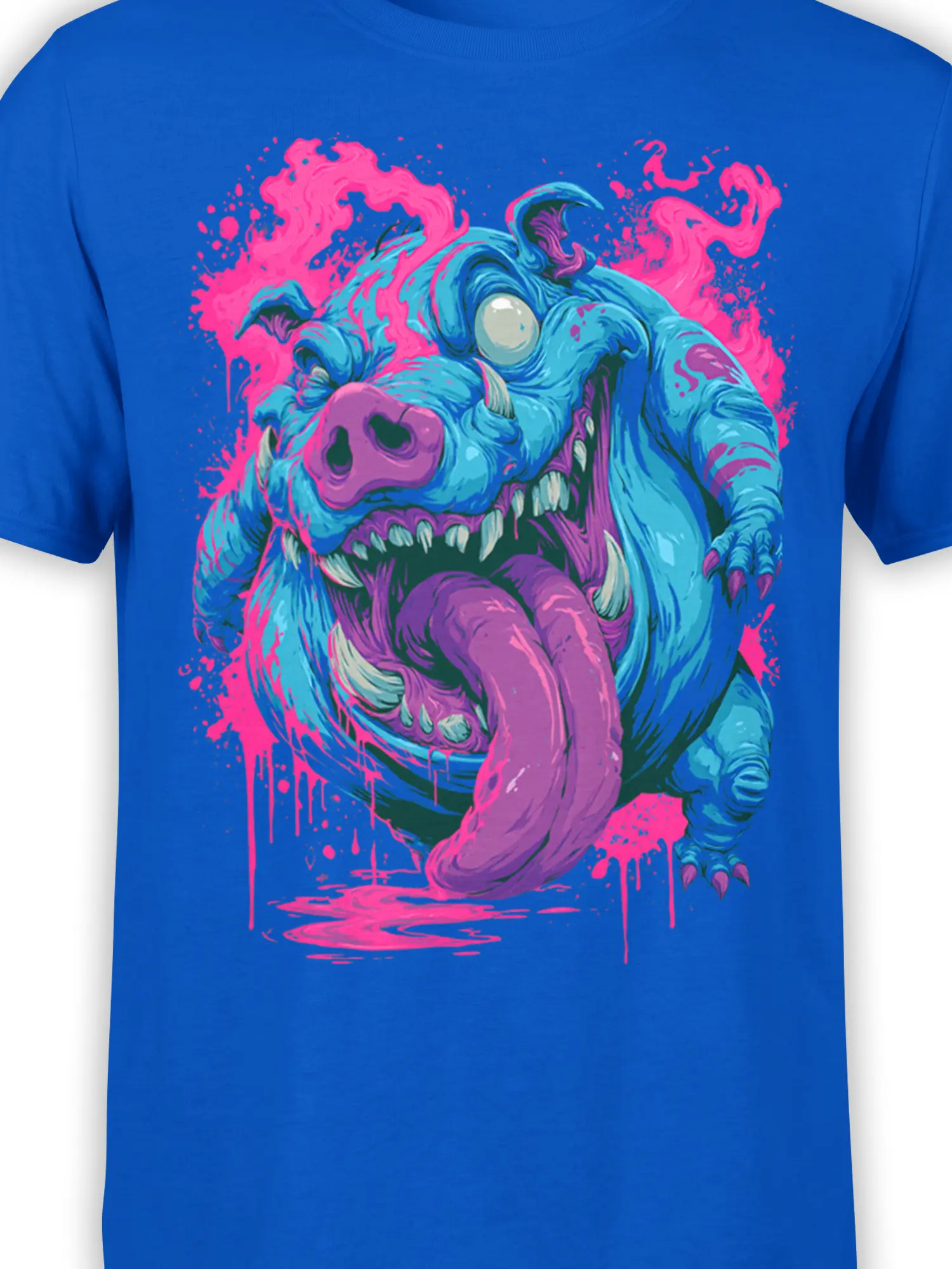 close-up of neon blue monster graphic with giant tongue, teeth, and pink splashes on bright blue cotton fabric