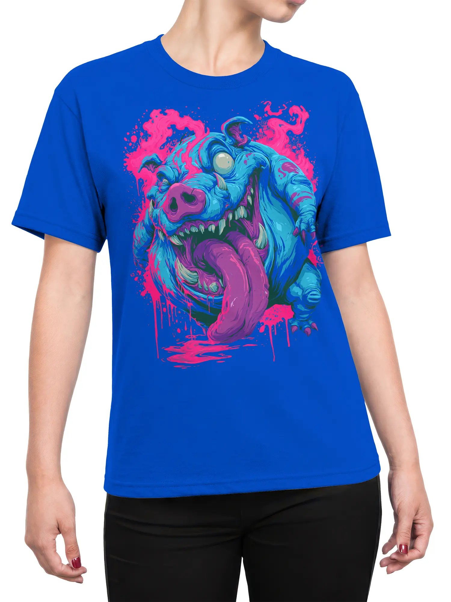 female model wearing bright blue t-shirt with neon monster tongue graphic and pink splatter art