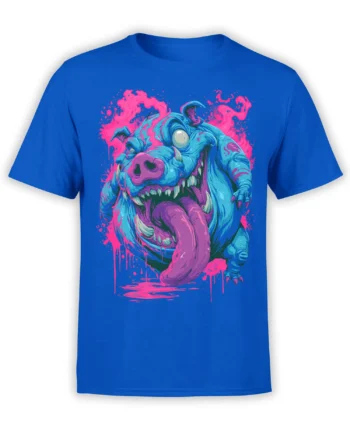 bright blue unisex t-shirt with neon blue monster graphic, huge tongue, and pink splatter effects printed large on the chest