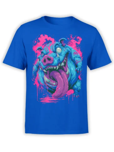 bright blue unisex t-shirt with neon blue monster graphic, huge tongue, and pink splatter effects printed large on the chest