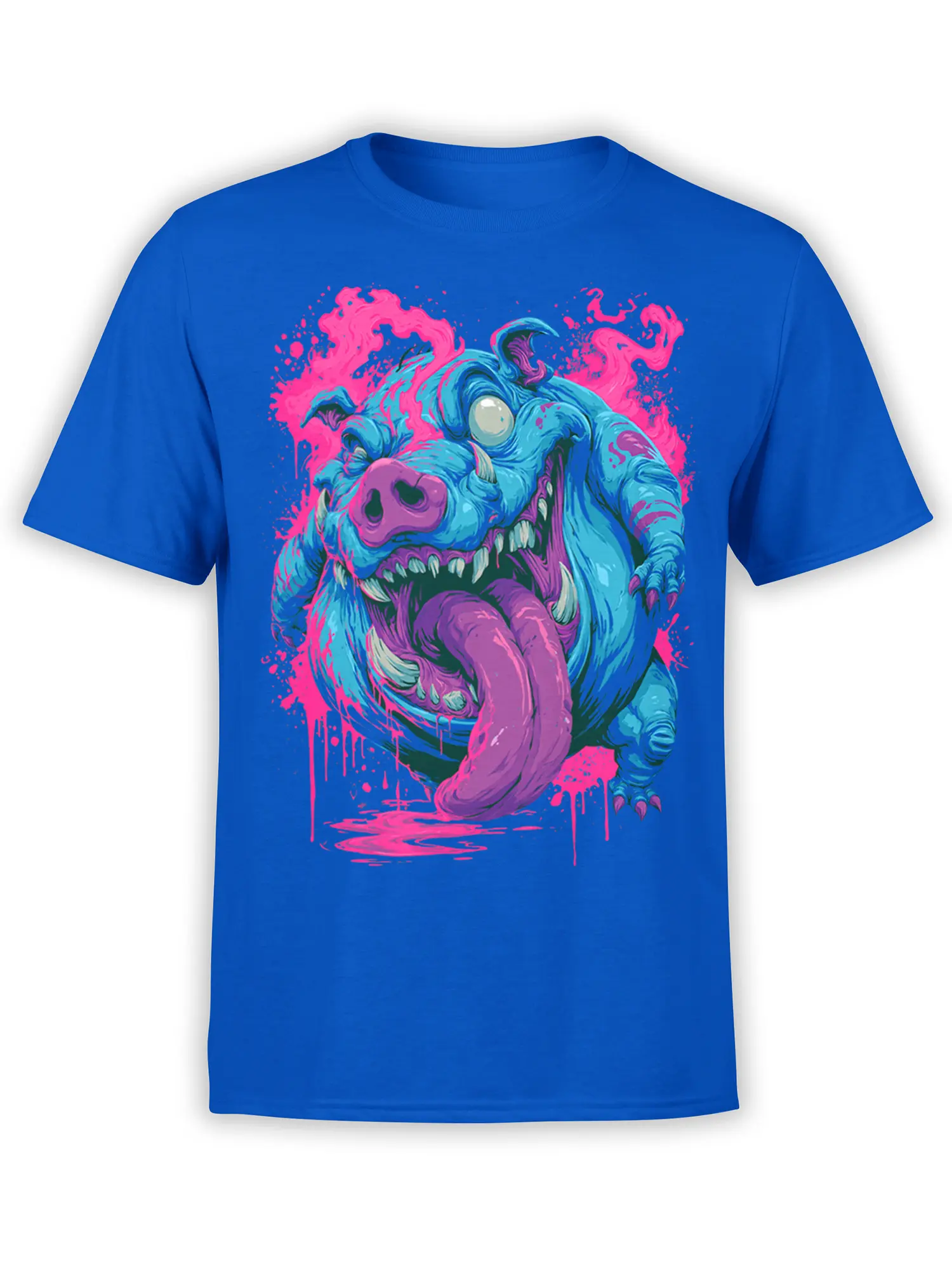 bright blue unisex t-shirt with neon blue monster graphic, huge tongue, and pink splatter effects printed large on the chest