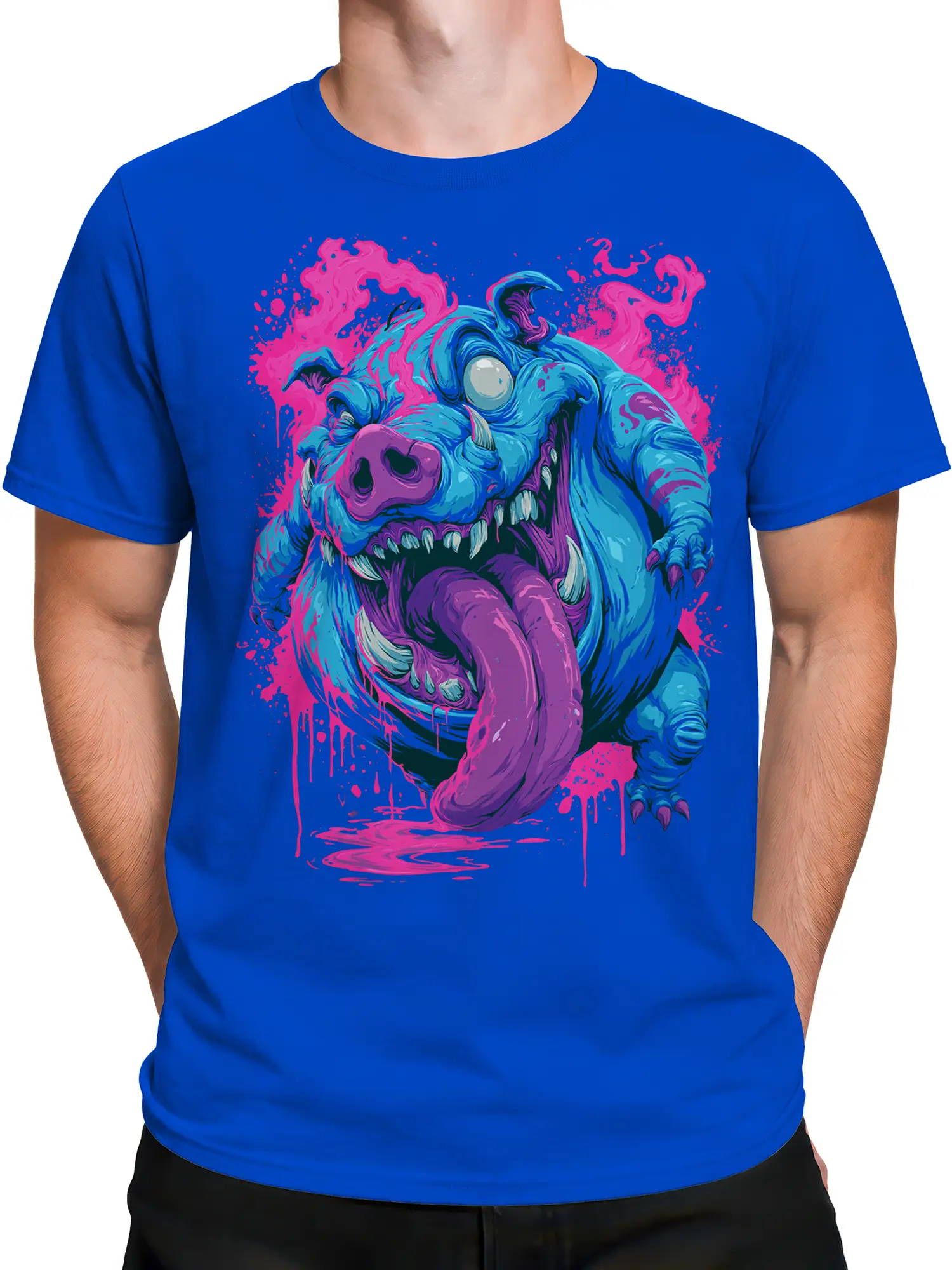 male model in bright blue t-shirt with large neon monster graphic and dripping pink accents