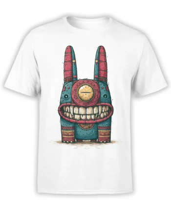 white unisex t-shirt featuring a teal and red tribal bunny monster with long ears, circular emblem, and oversized toothy grin