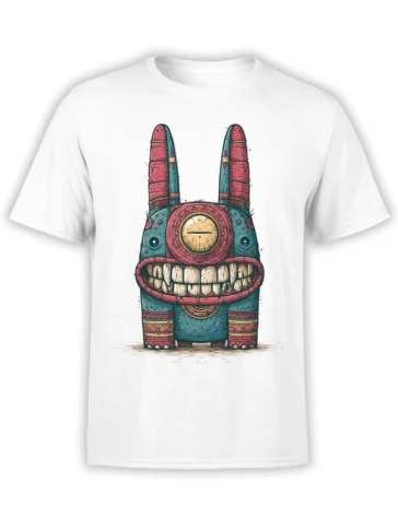 white unisex t-shirt featuring a teal and red tribal bunny monster with long ears, circular emblem, and oversized toothy grin