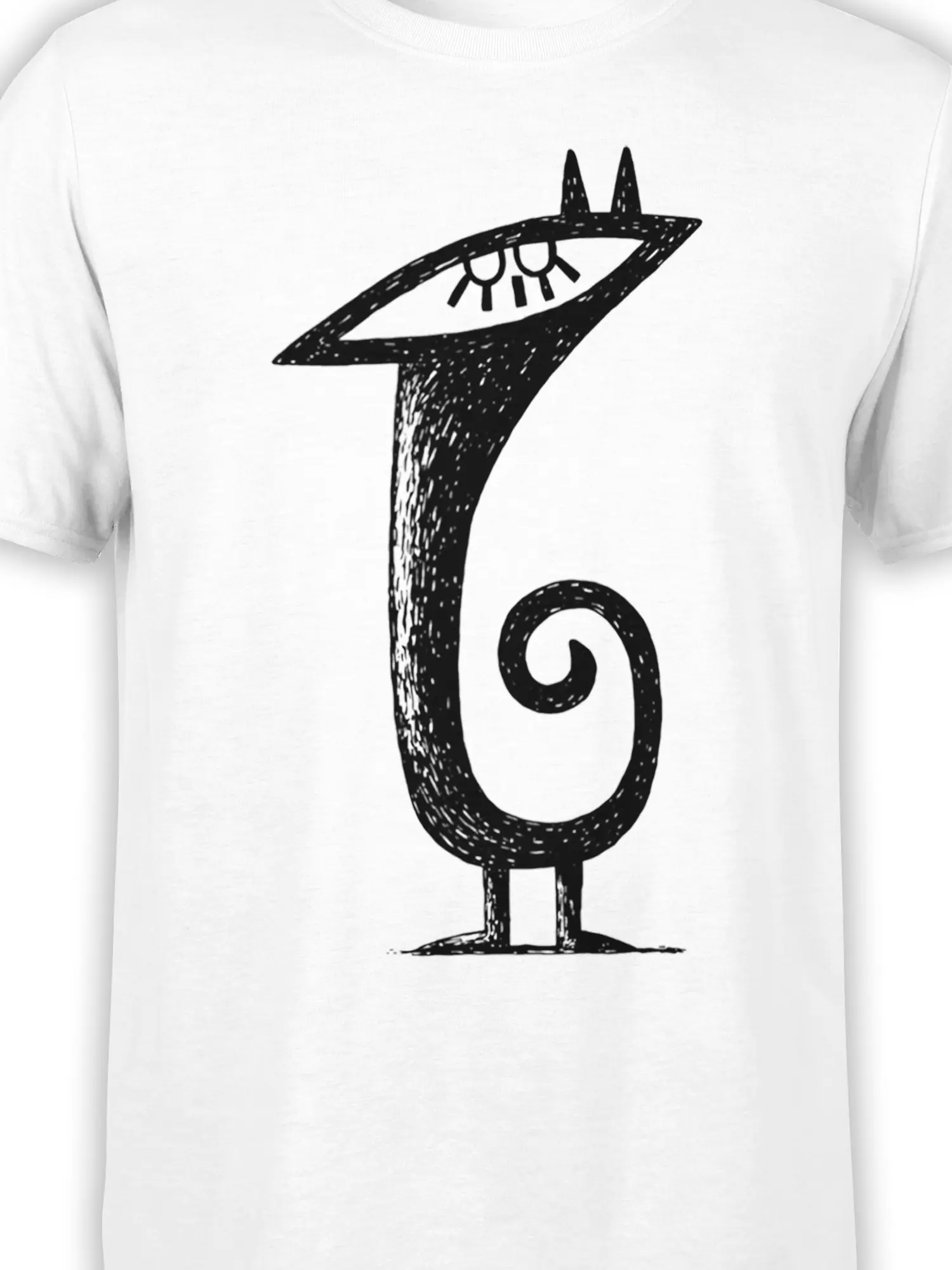close-up of abstract black cat illustration with closed eye and spiral tail on white cotton fabric
