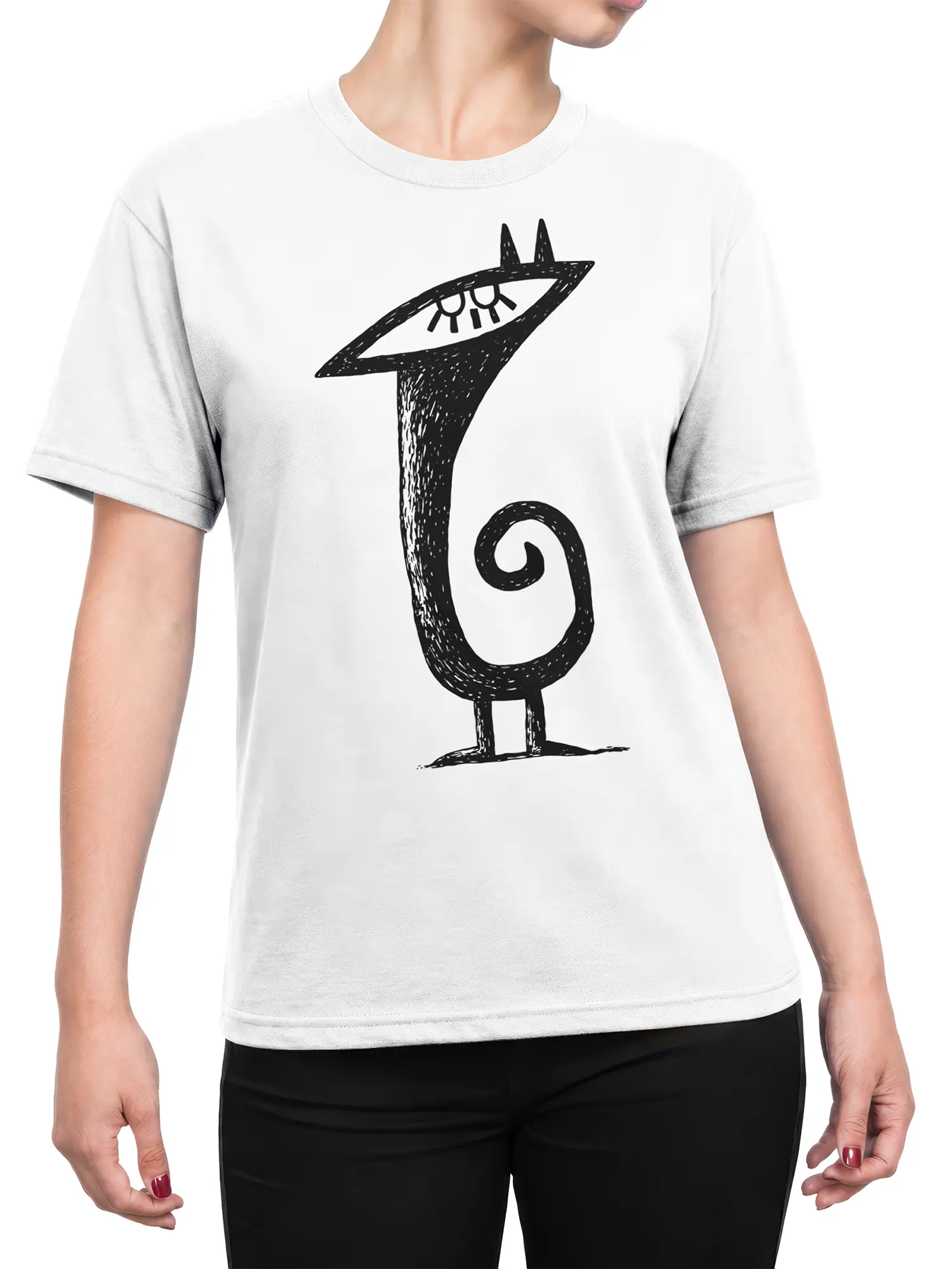female model wearing white t-shirt with abstract black cat design centered on the chest