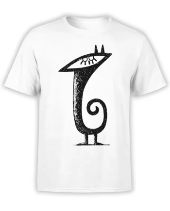front view of white unisex t-shirt with abstract black cat illustration featuring closed eye and curled tail