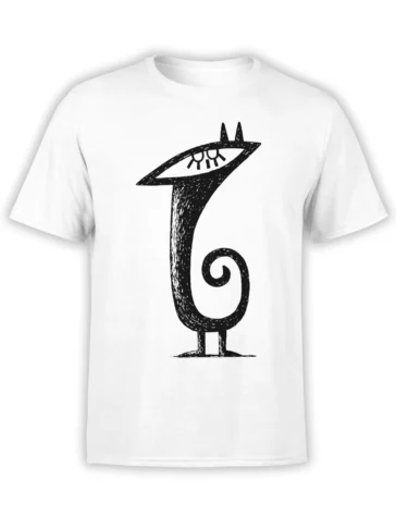front view of white unisex t-shirt with abstract black cat illustration featuring closed eye and curled tail