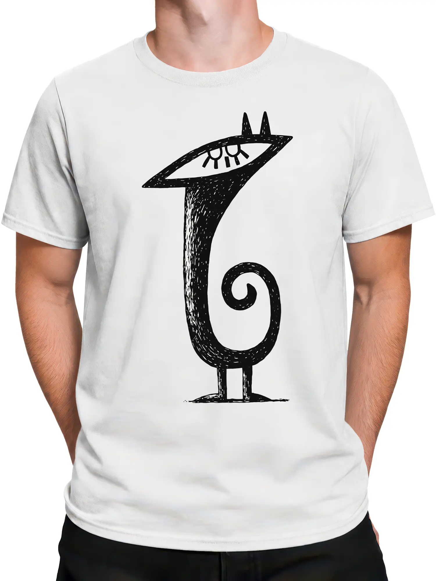 male model wearing white t-shirt featuring abstract black cat illustration in bold black lines