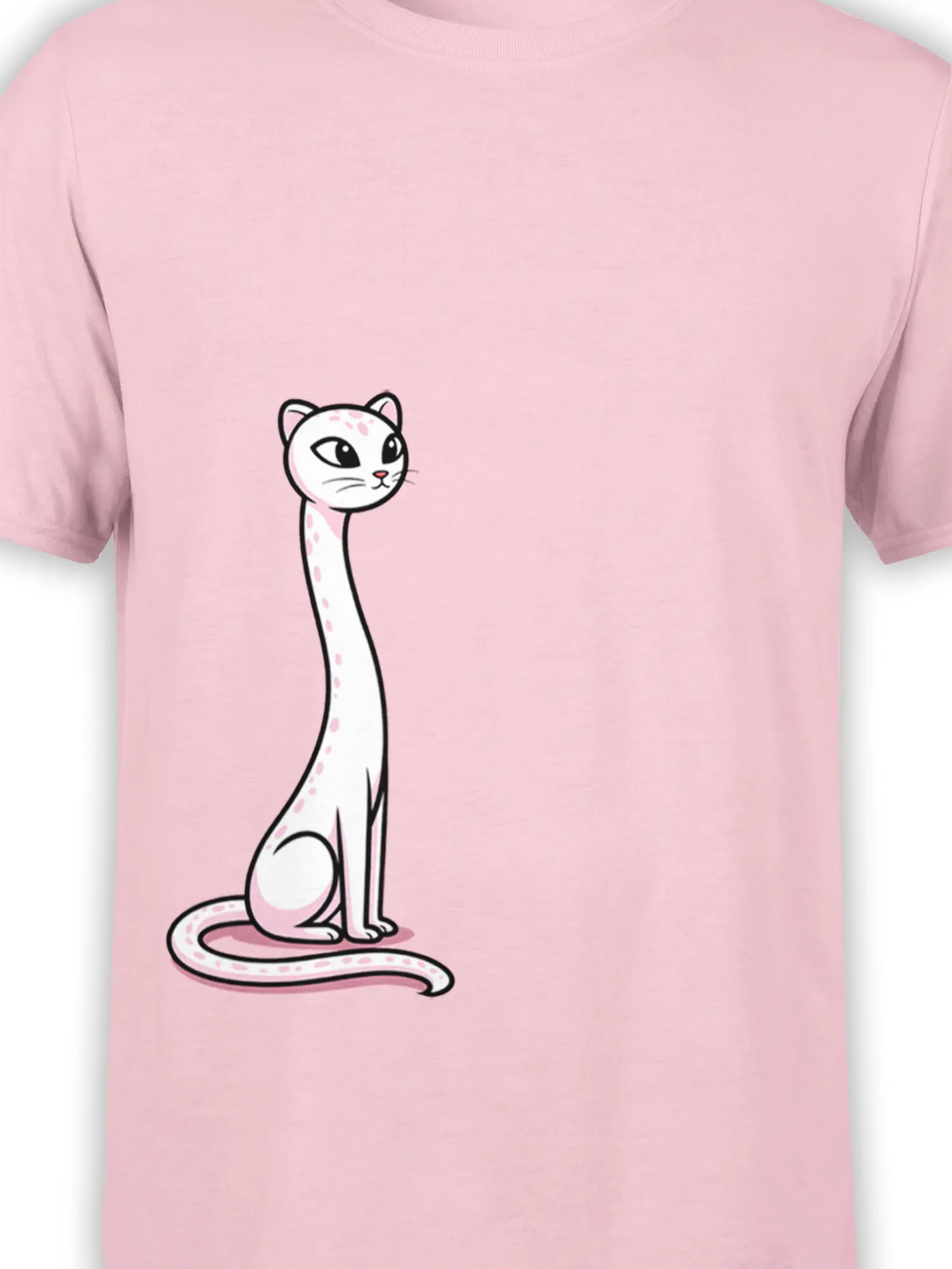 close-up of long-neck white cat illustration with pink spots and curled tail printed on pink cotton fabric