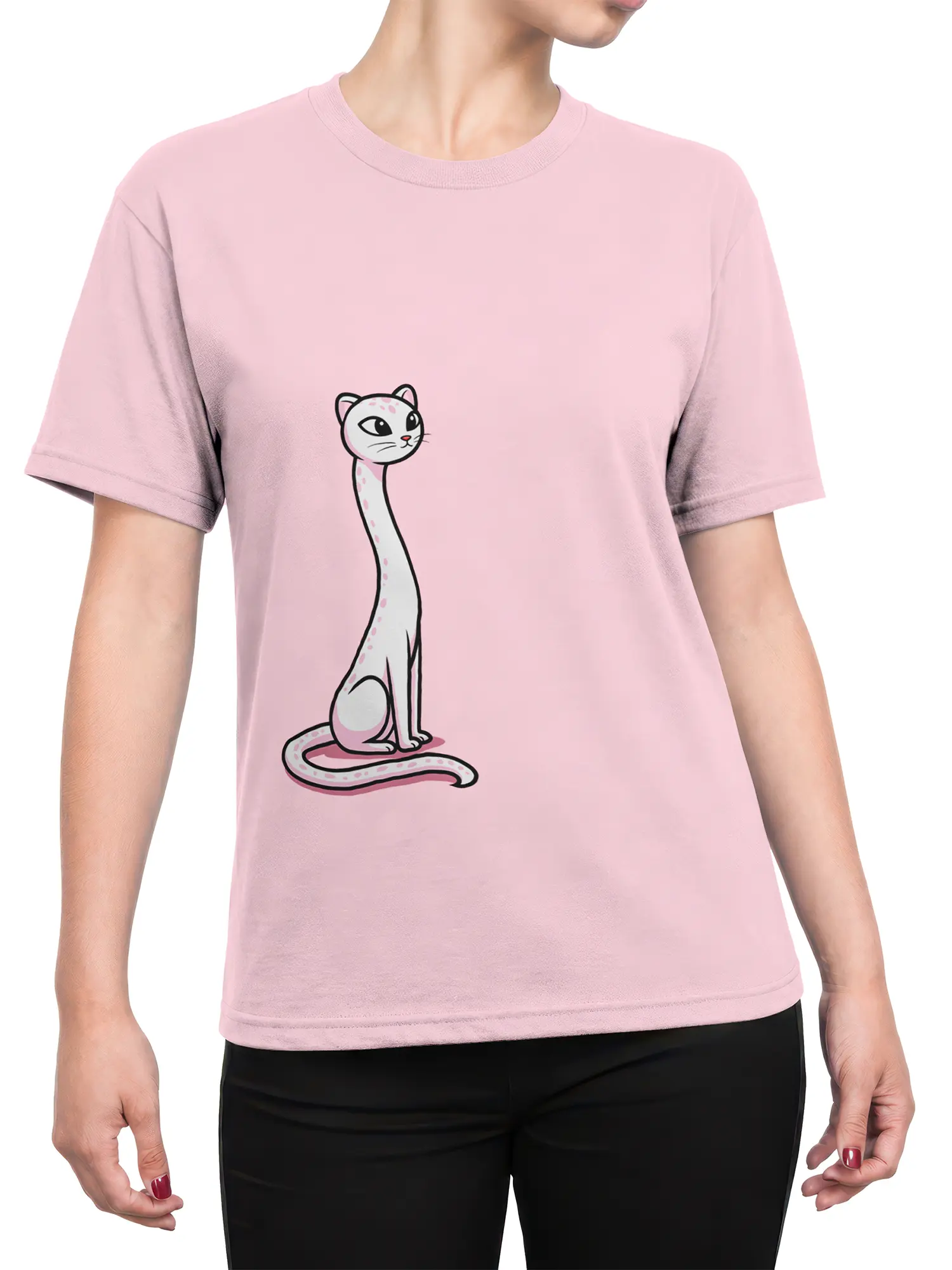 female model wearing pink t-shirt with long-neck white cat and pink spots design centered on the front