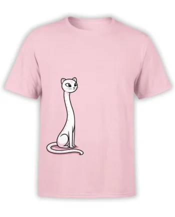 pink unisex t-shirt with minimalist long-neck white cat illustration featuring pink spots and curled tail centered on the front