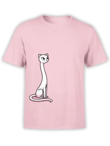 pink unisex t-shirt with minimalist long-neck white cat illustration featuring pink spots and curled tail centered on the front