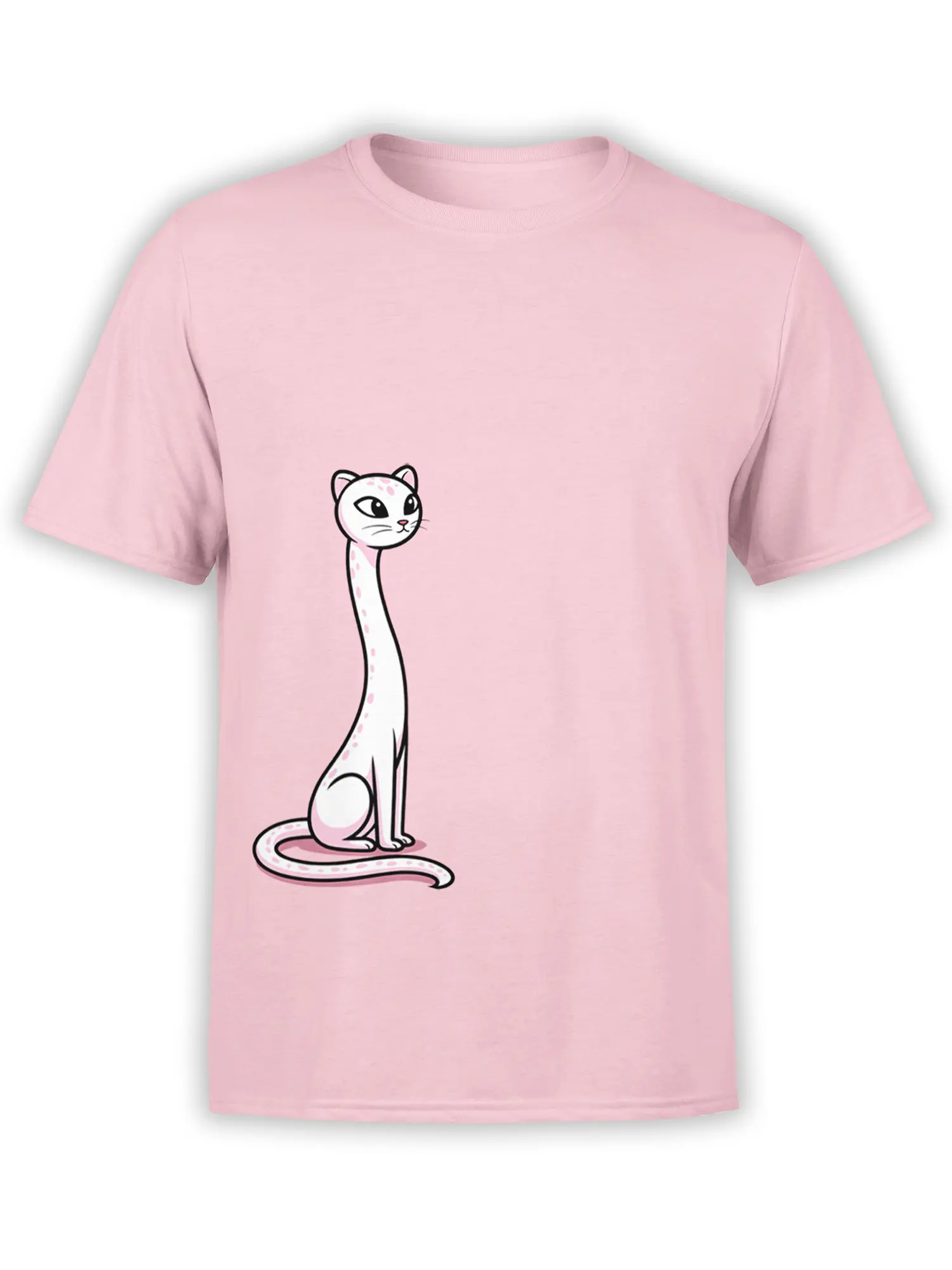 pink unisex t-shirt with minimalist long-neck white cat illustration featuring pink spots and curled tail centered on the front