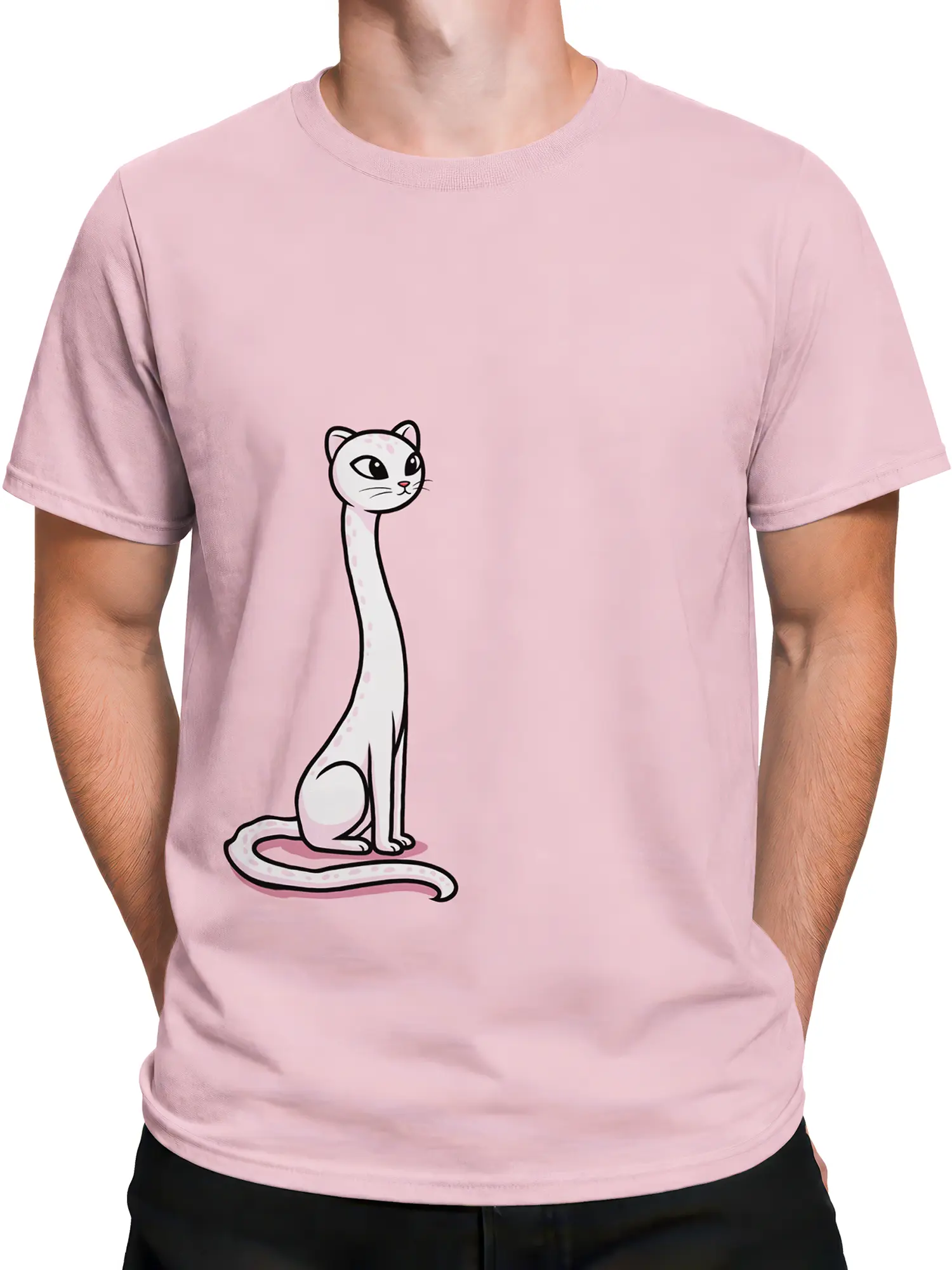 male model wearing pink t-shirt featuring minimalist long-neck white cat with pink spots and curled tail