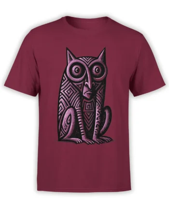 front view of red unisex t-shirt with bold geometric pink and black owl illustration centered on the chest