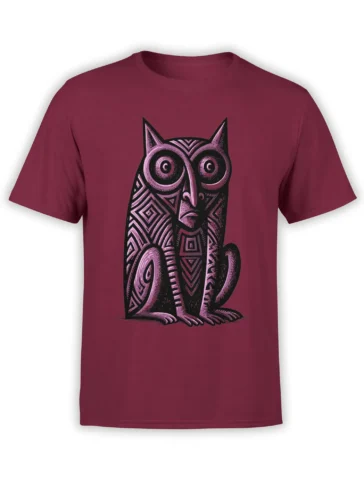 front view of red unisex t-shirt with bold geometric pink and black owl illustration centered on the chest