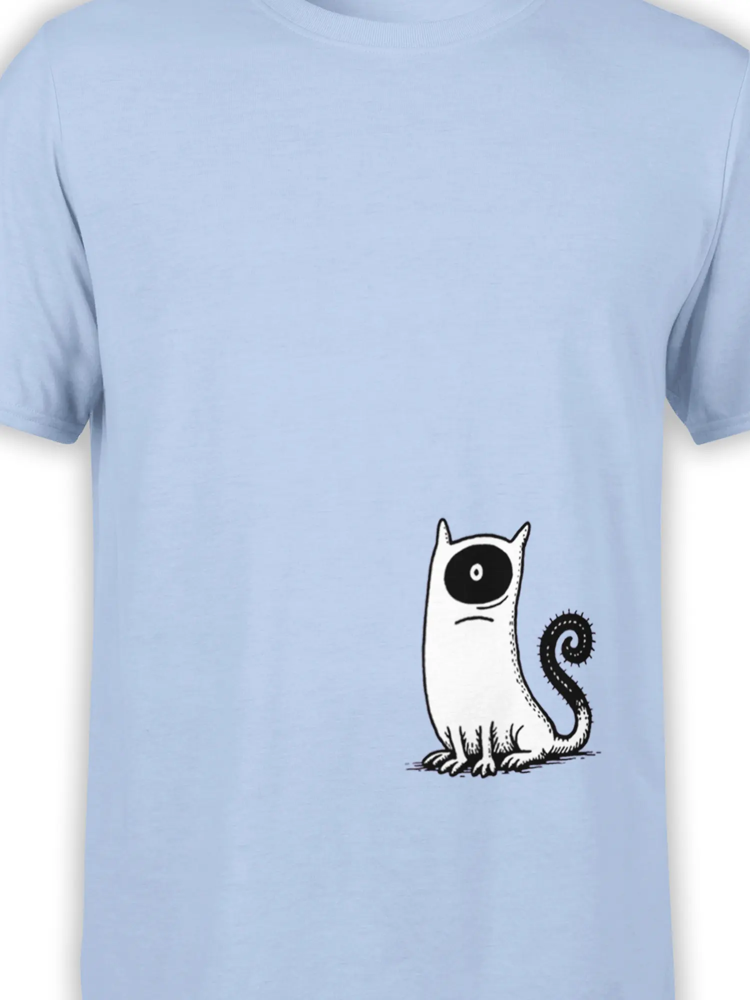 Close-up of the minimal white cartoon cat with large black eye patch and spiky spiral tail printed on the light blue tee