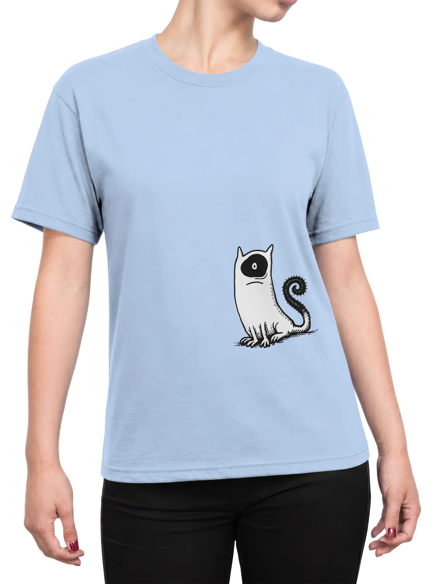 Woman wearing a light blue tee with a minimal white cartoon cat and spiky spiral tail graphic centered near the lower front
