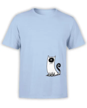 Light blue unisex t-shirt featuring a minimal white cartoon cat with a large black eye patch and spiky spiral tail printed near the lower front