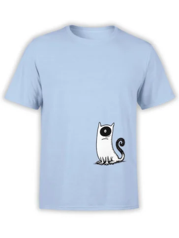 Light blue unisex t-shirt featuring a minimal white cartoon cat with a large black eye patch and spiky spiral tail printed near the lower front