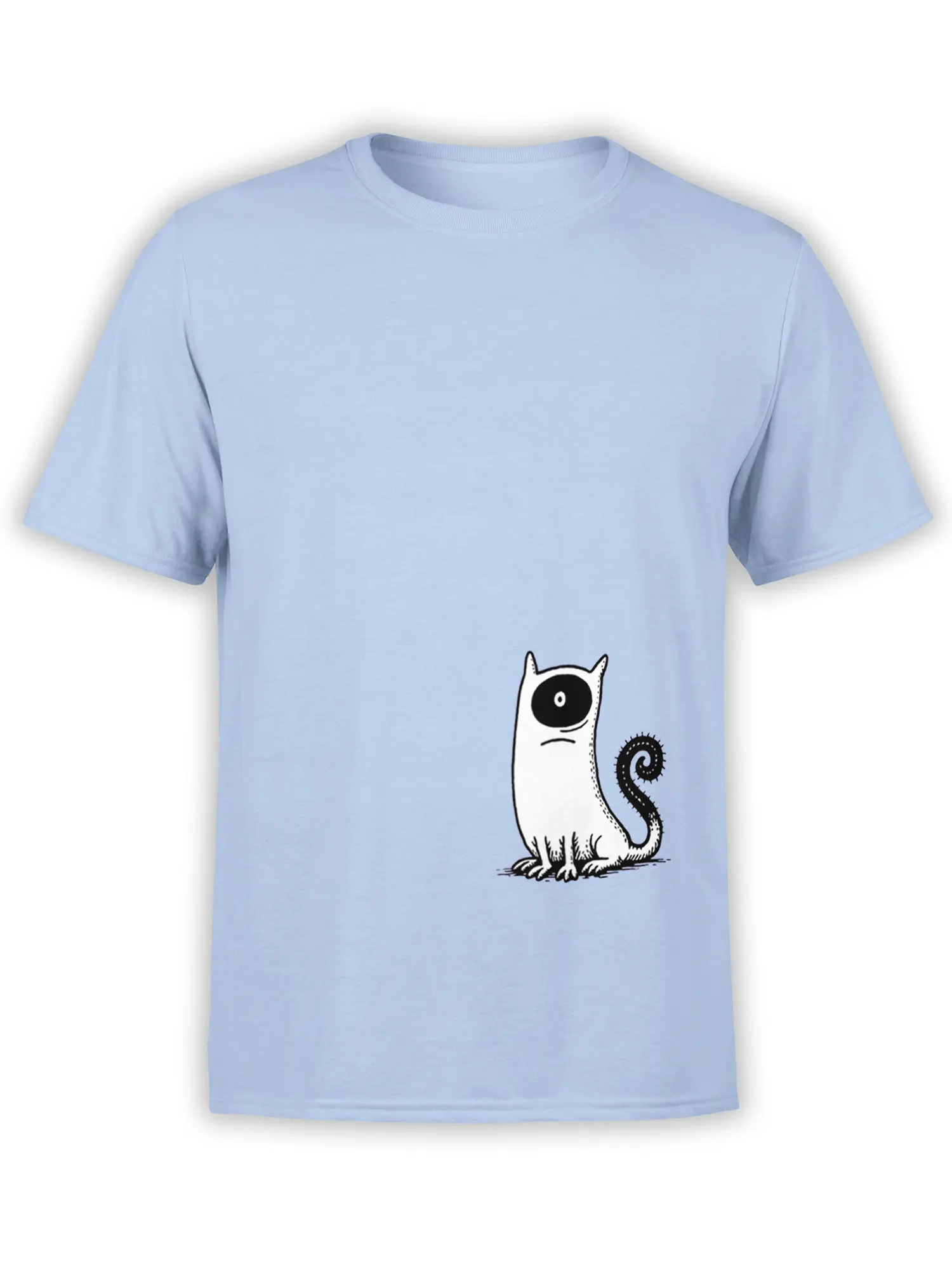 Light blue unisex t-shirt featuring a minimal white cartoon cat with a large black eye patch and spiky spiral tail printed near the lower front