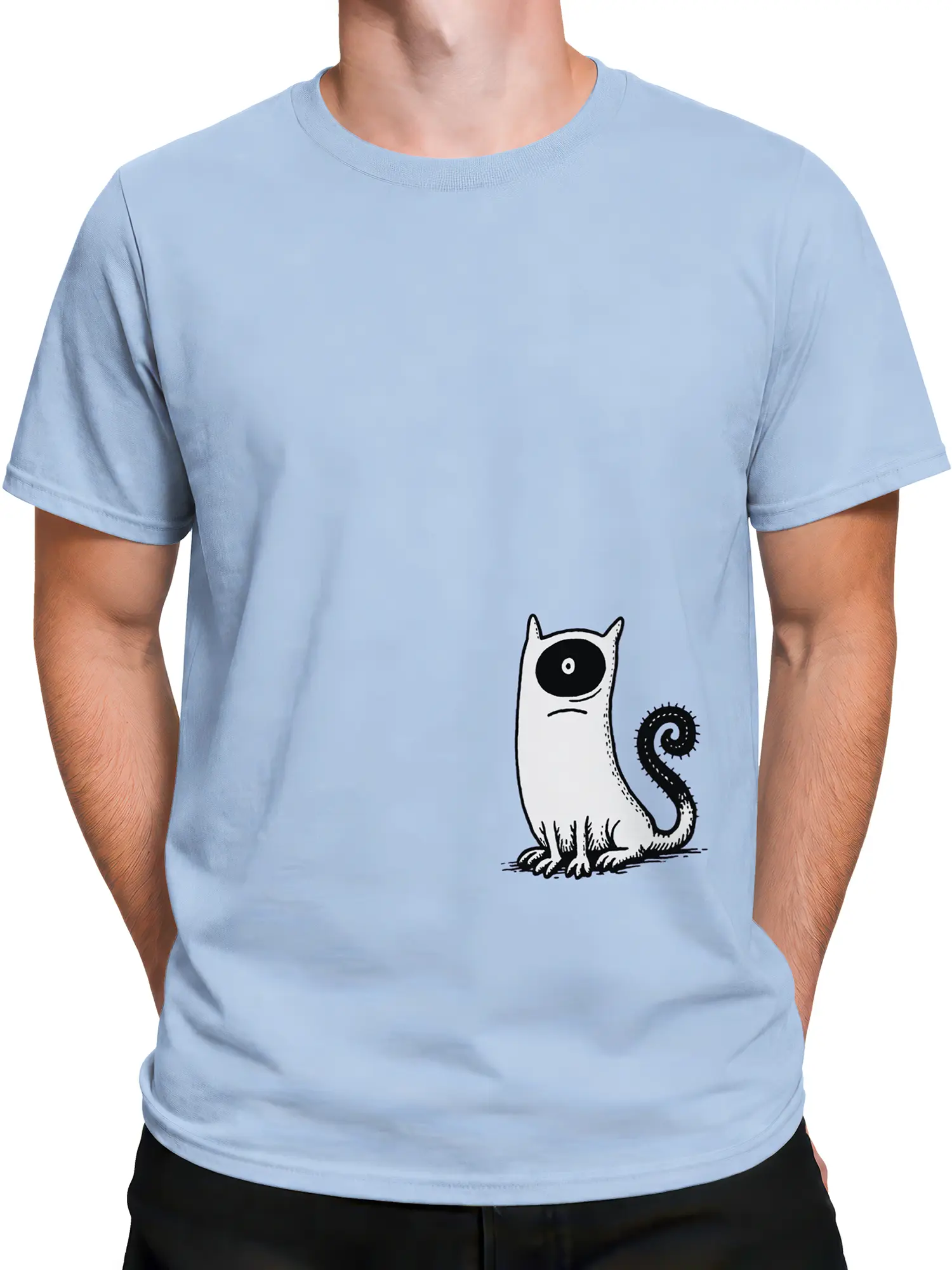 Man wearing a light blue t-shirt with a white cartoon cat, large black eye patch, and spiral tail graphic on the front