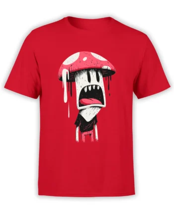 Red unisex t-shirt with a large screaming melting mushroom cartoon character in black shirt and red pants centered on the chest