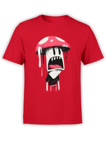 Red unisex t-shirt with a large screaming melting mushroom cartoon character in black shirt and red pants centered on the chest