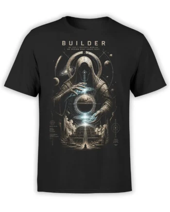 Black unisex t-shirt with a detailed cosmic builder design showing a hooded figure forming a glowing world above an ancient temple