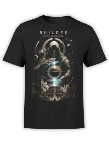 Black unisex t-shirt with a detailed cosmic builder design showing a hooded figure forming a glowing world above an ancient temple