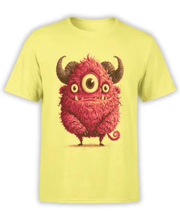 Yellow unisex t-shirt with a detailed pink three-eyed furry monster with horns and curly tail printed on the front