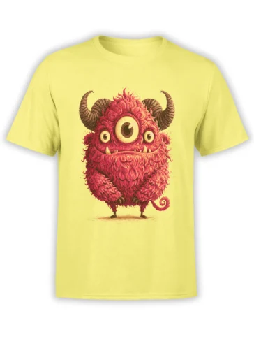 Yellow unisex t-shirt with a detailed pink three-eyed furry monster with horns and curly tail printed on the front