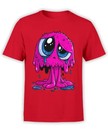 Red unisex t-shirt with a large sad pink slime monster graphic, big blue eyes and dripping puddles creating a cute, emotional cartoon look