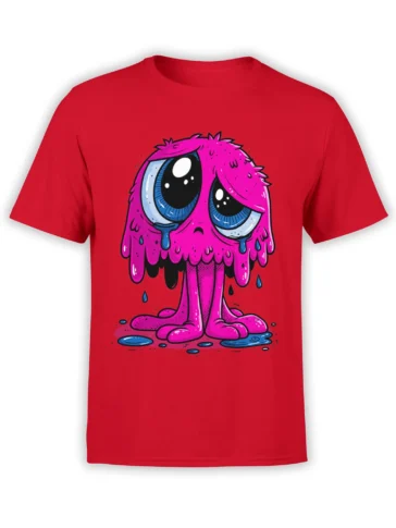 Red unisex t-shirt with a large sad pink slime monster graphic, big blue eyes and dripping puddles creating a cute, emotional cartoon look