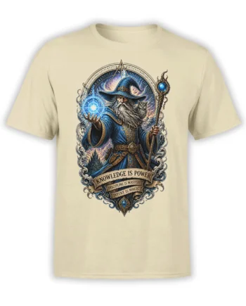 Beige unisex t-shirt with detailed blue-robed wizard, glowing magic orb, owl, and ornate runes around a “Knowledge is Power” quote design