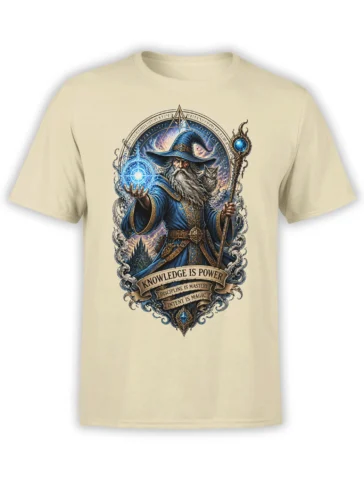 Beige unisex t-shirt with detailed blue-robed wizard, glowing magic orb, owl, and ornate runes around a “Knowledge is Power” quote design