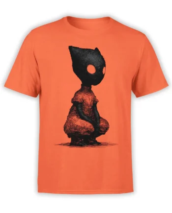 Front view of orange unisex shirt with black sketch-style crouching cat creature and hollow eyes centered on the chest